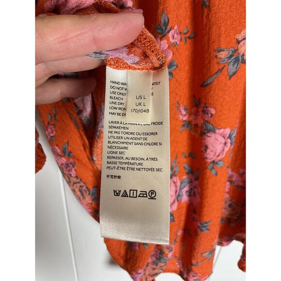 Free People Celia Floral Print Tie Front Button Up Short Sleeve Blouse Orange L - Picture 8 of 9